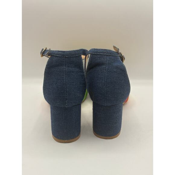 MODCLOTH Limitless Radiance Rainbow Denim Block Heel Ankle Strap Sandals Sz - Picture 4 of 8